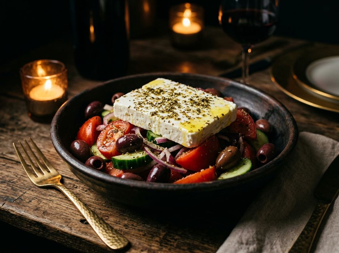 Horiatiki Greek salad with a slab of feta