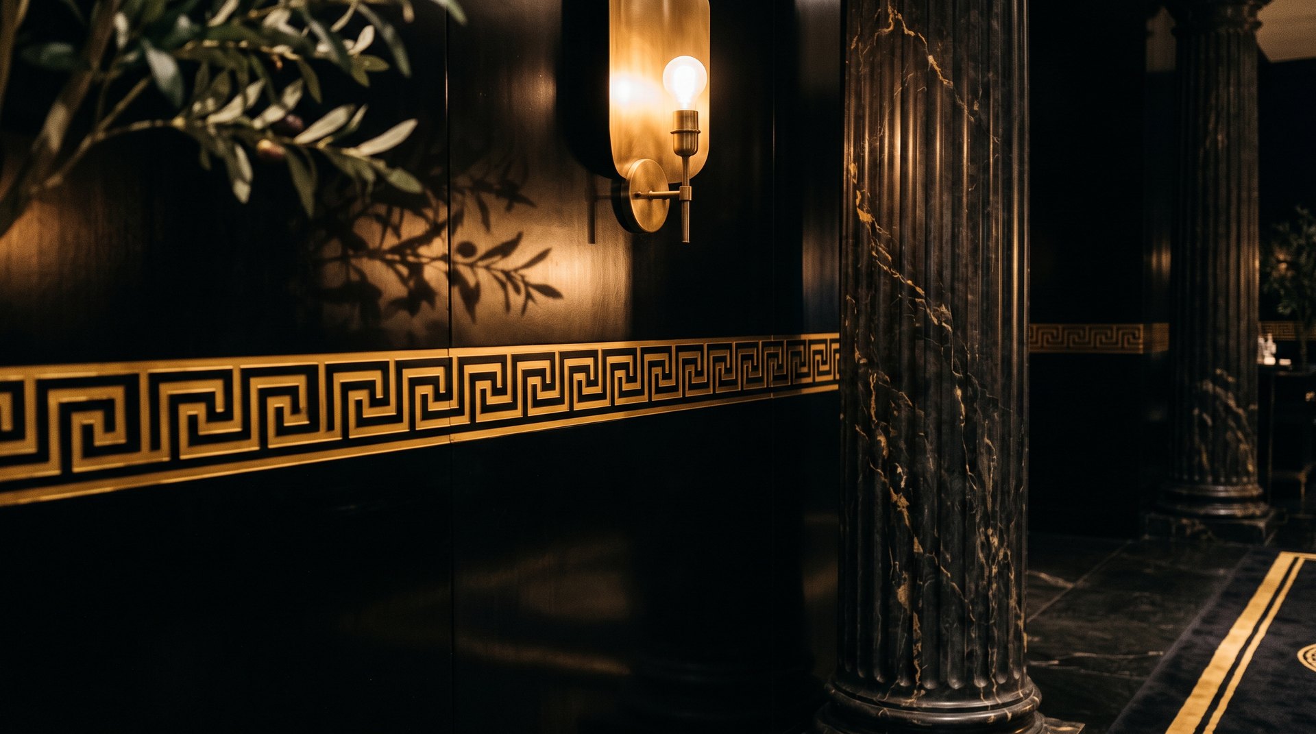 Black marble columns and a gold Greek key border inside the Acropolis dining room