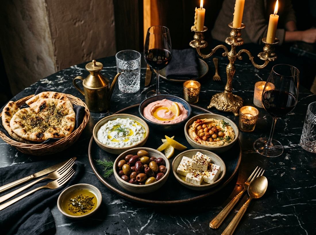A Greek meze platter with dips, olives, feta and warm pita